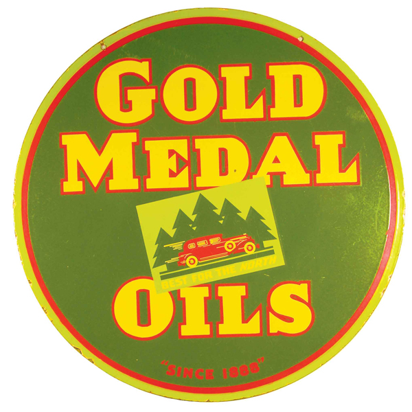 Very rare Gold Medal Oil two-sided porcelain sign, made by Veribrite Signs of Chicago. ($44,000). Image courtesy Showtime Auction Services.